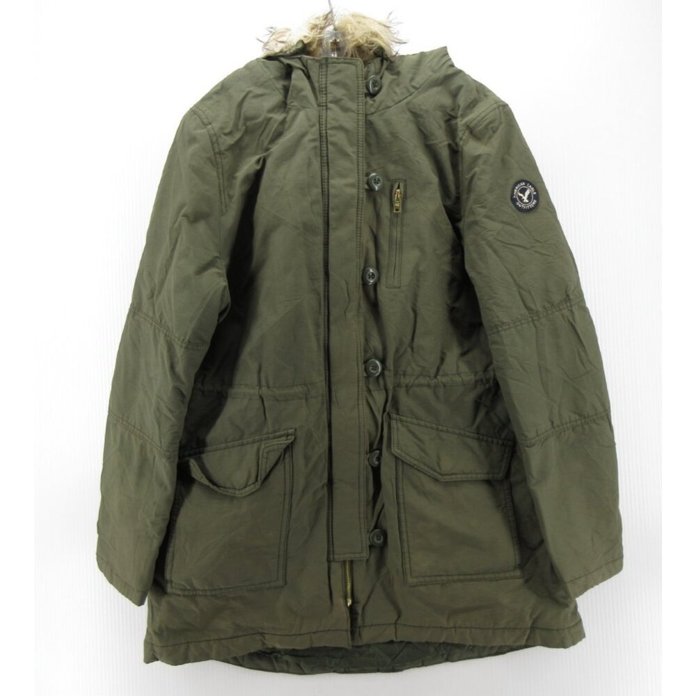 American Eagle Jacket Large Parka Sherpa Lined Faux Fur Hood Y2K *